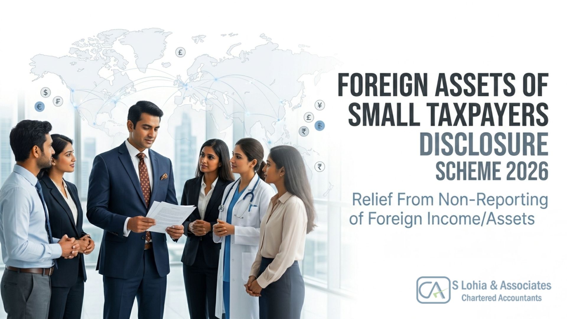 Foreign Assets Disclosure Scheme 2026 banner showing Indian Chartered Accountant advising NRI clients on foreign income reporting
